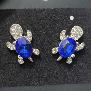 Womens Blue Crystal Stud Turtle Earrings